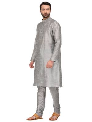 Grey Plain Silk Blend Kurta Pajama 2