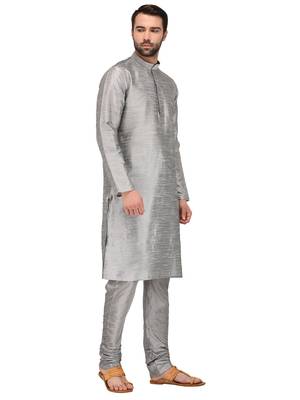 Grey Plain Silk Blend Kurta Pajama 3