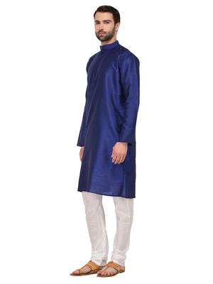 Blue Plain Silk Blend Kurta Pajama 2