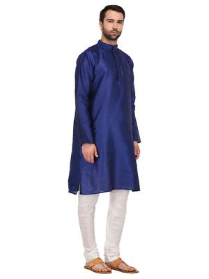 Blue Plain Silk Blend Kurta Pajama 3