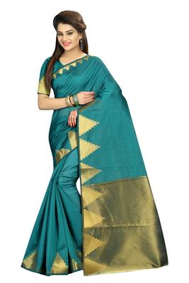 Teal woven art silk saree with blouse 1