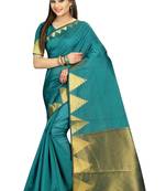 Teal woven art silk saree with blouse
