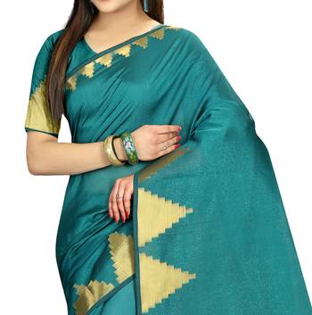 Teal woven art silk saree with blouse 2
