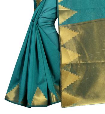 Teal woven art silk saree with blouse 3