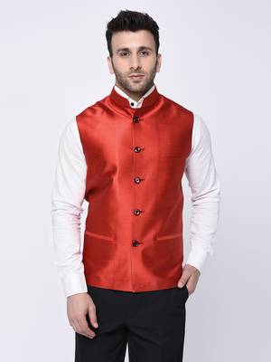 Red Plain Polyester Nehru Jacket 1