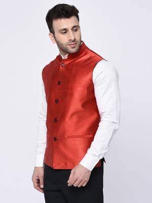Red Plain Polyester Nehru Jacket 2