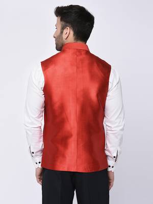 Red Plain Polyester Nehru Jacket 3