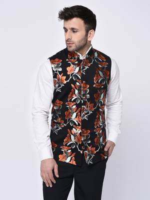Black Printed Polyester Nehru Jacket 1