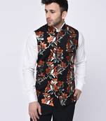 Black Printed Polyester Nehru Jacket