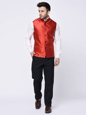 Red Plain Polyester Nehru Jacket 4