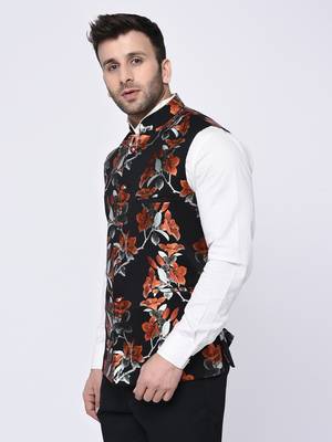 Black Printed Polyester Nehru Jacket 2
