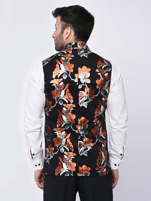 Black Printed Polyester Nehru Jacket 3