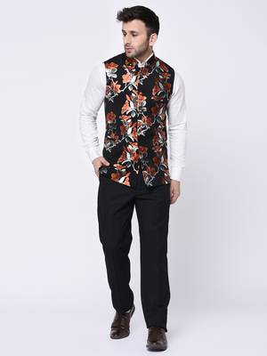 Black Printed Polyester Nehru Jacket 6