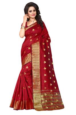 Maroon woven silk blend saree with blouse 1