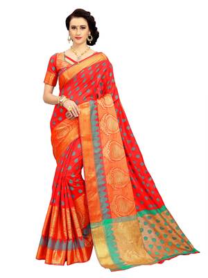 Orange woven silk blend saree with blouse 1