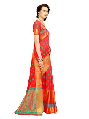 Orange woven silk blend saree with blouse 2