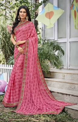Pink printed chiffon saree with blouse 1