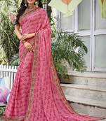 Pink printed chiffon saree with blouse