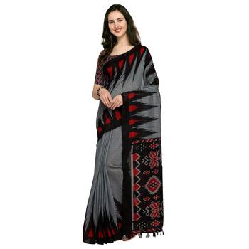 Grey Printed Faux Linen Saree With Blouse 1