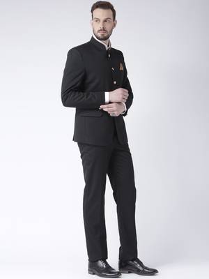 Black Plain Polyester Bandhgala  Suit 3