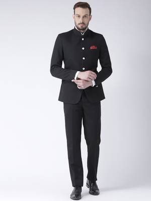 Black Plain Polyester Bandhgala  Suit 1