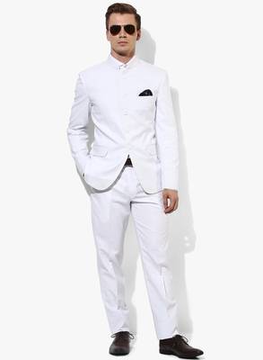 White Plain Polyester Bandhgala  Suit 1