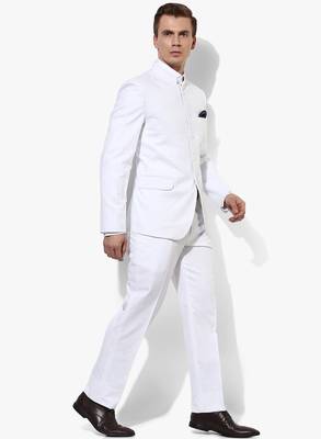 White Plain Polyester Bandhgala  Suit 4