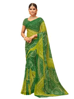 Green printed chiffon saree with blouse 1