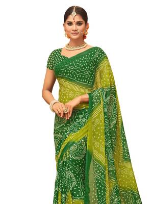 Green printed chiffon saree with blouse 2