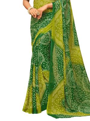 Green printed chiffon saree with blouse 3