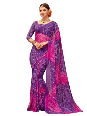 Purple printed chiffon saree with blouse 1