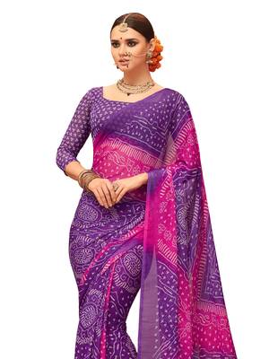 Purple printed chiffon saree with blouse 2