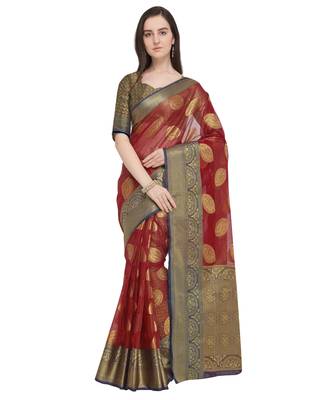 Red woven organza saree with blouse 1