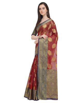 Red woven organza saree with blouse 2