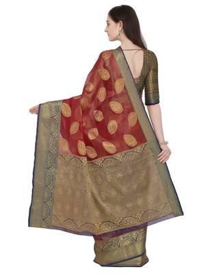 Red woven organza saree with blouse 3
