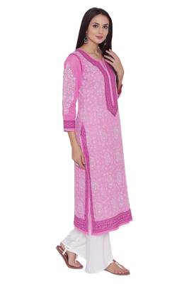 Pink Embroidered Cotton Chikankari Kurti 4