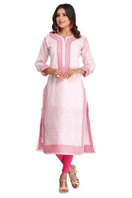 Ada Hand Embroidered Pink Cotton Lucknowi Chikankari Women Kurta - A267612 1