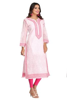 Ada Hand Embroidered Pink Cotton Lucknowi Chikankari Women Kurta - A267612 3