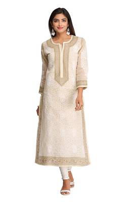 Ada Hand Embroidered Beige Cotton Lucknow Chikan Women Kurta - A253964 1