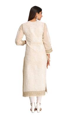 Ada Hand Embroidered Beige Cotton Lucknow Chikan Women Kurta - A253964 2