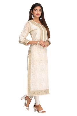 Ada Hand Embroidered Beige Cotton Lucknow Chikan Women Kurta - A253964 3