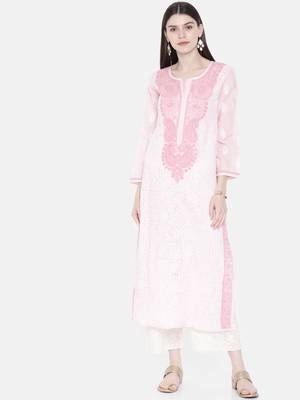 Ada Hand Embroidered Pink Cotton Lucknow Chikankari Women Kurta - A241890 1