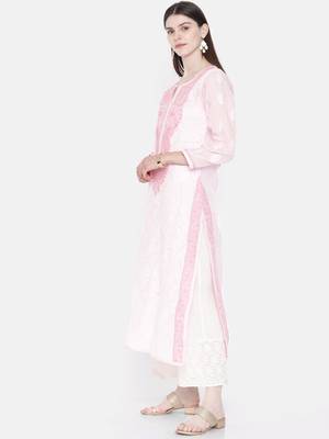 Ada Hand Embroidered Pink Cotton Lucknow Chikankari Women Kurta - A241890 2