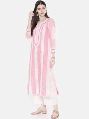 Ada Hand Embroidered Baby Pink Cotton Lucknowi Chikan Women Kurta - A254383 1