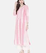 Ada Hand Embroidered Baby Pink Cotton Lucknowi Chikan Women Kurta - A254383