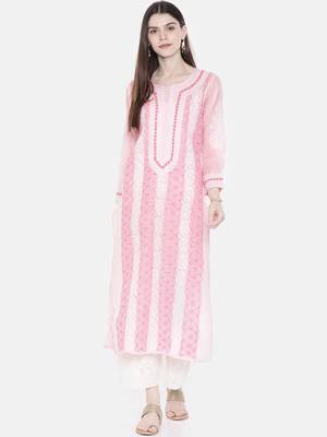 Ada Hand Embroidered Baby Pink Cotton Lucknowi Chikan Women Kurta - A254383 3