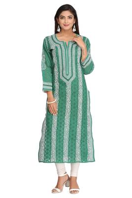 Green Embroidered Cotton Chikankari Kurti 1