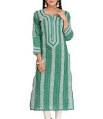 Green Embroidered Cotton Chikankari Kurti