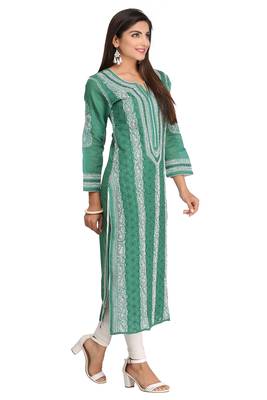 Green Embroidered Cotton Chikankari Kurti 3