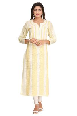 Yellow Embroidered Cotton Chikankari Kurti 1